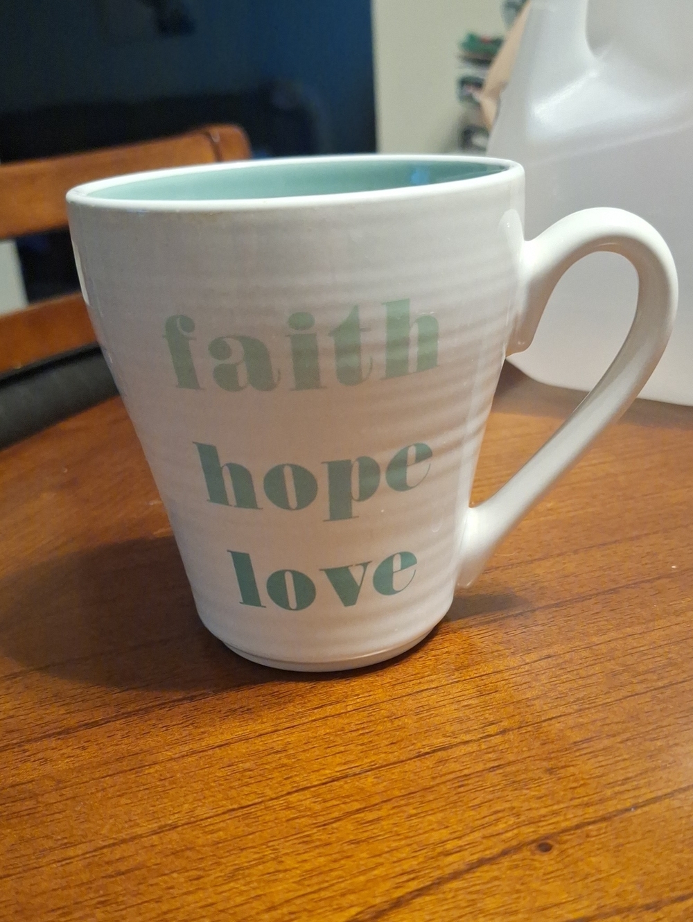 Faith Hope Love Ceramic Coffee Mug - White with Mint Text